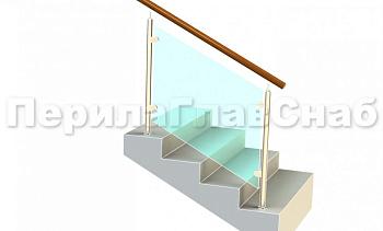 Ограждение с деревянным поручнем с зажимными стеклодержателями и стойками в Алматы. Готовые проекты ПерилаГлавСнаб