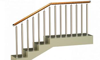 Ограждения с двумя стойками в каждую ступень с деревянным поручнем и без ригелей в Алматы. Готовые проекты ПерилаГлавСнаб