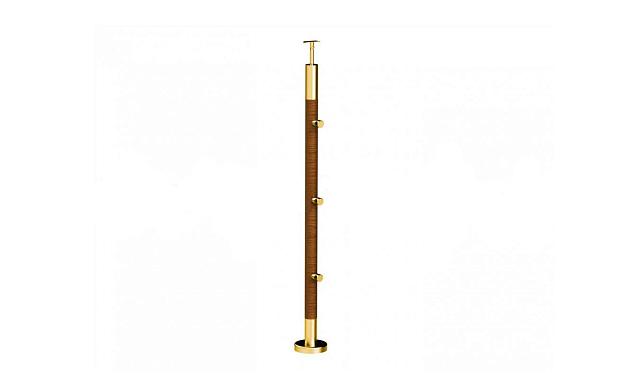 Готовая стойка Ø38,1х950 мм деревянная, со вставками из нержавеющей стали под золото 2х100 мм с 3 ригеледержателями k741-1-G