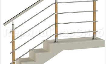 Четыре ригеля на держателях, квадратный поручень и стойки с деревянными вставками в Алматы. Готовые проекты ПерилаГлавСнаб