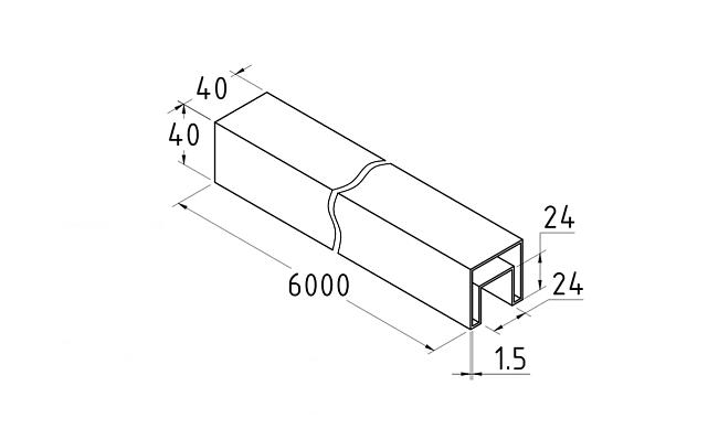 Труба 40х40 мм с пазом 24 х 24 под стекло, AISI 304 шлифованная k856-2 2